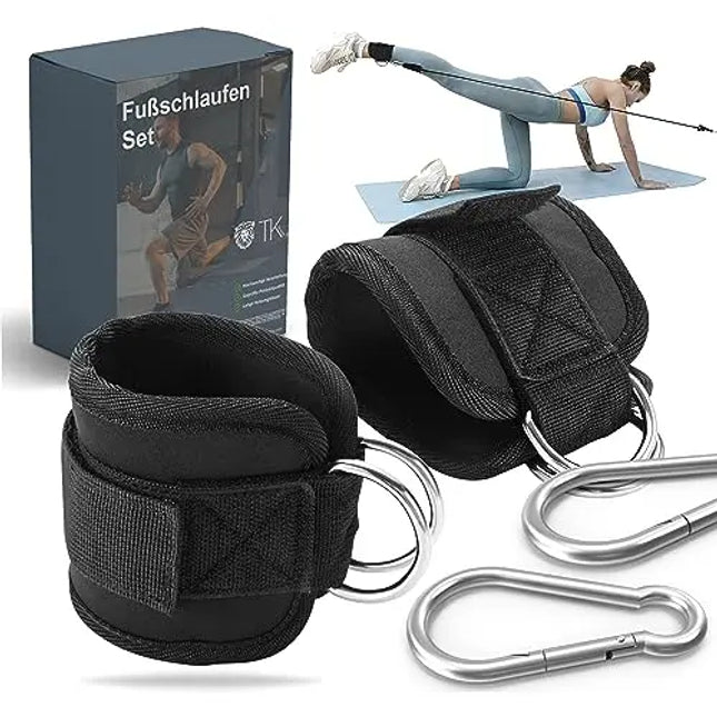 2er Fußschlaufen Set - schwarz mit Karabiner & Klettverschluss - justierbarer Footstrap für Fitness