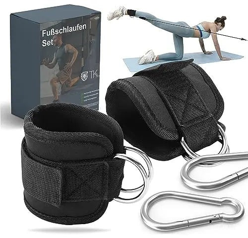 2er Fußschlaufen Set - schwarz mit Karabiner & Klettverschluss - justierbarer Footstrap für Fitness