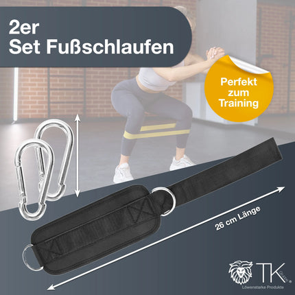 2er Fußschlaufen Set - schwarz mit Karabiner & Klettverschluss - justierbarer Footstrap für Fitness