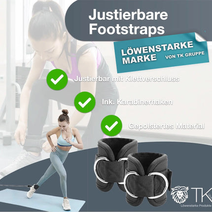 2er Fußschlaufen Set - schwarz mit Karabiner & Klettverschluss - justierbarer Footstrap für Fitness