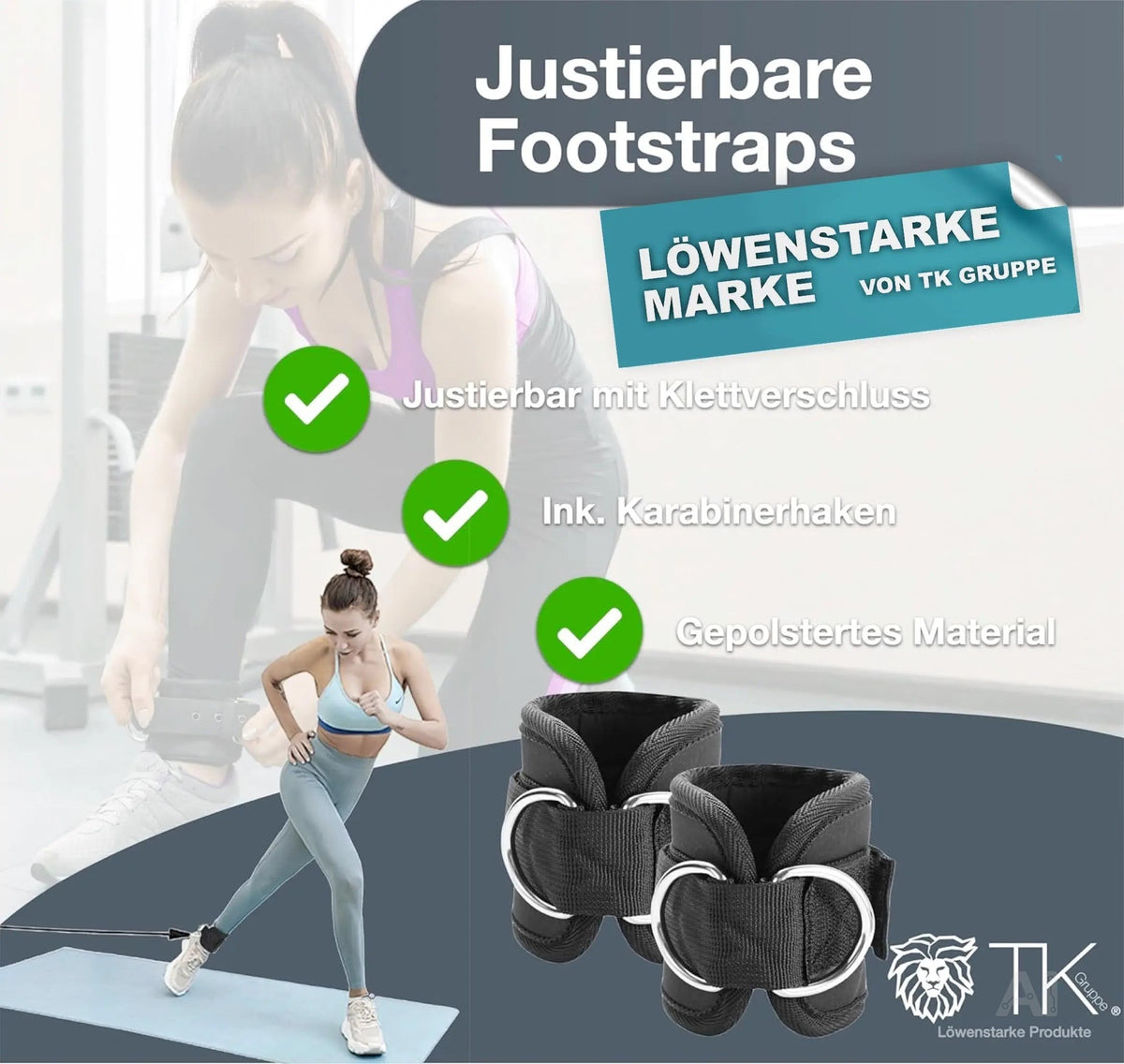2er Fußschlaufen Set - schwarz mit Karabiner & Klettverschluss - justierbarer Footstrap – Detailansicht 3