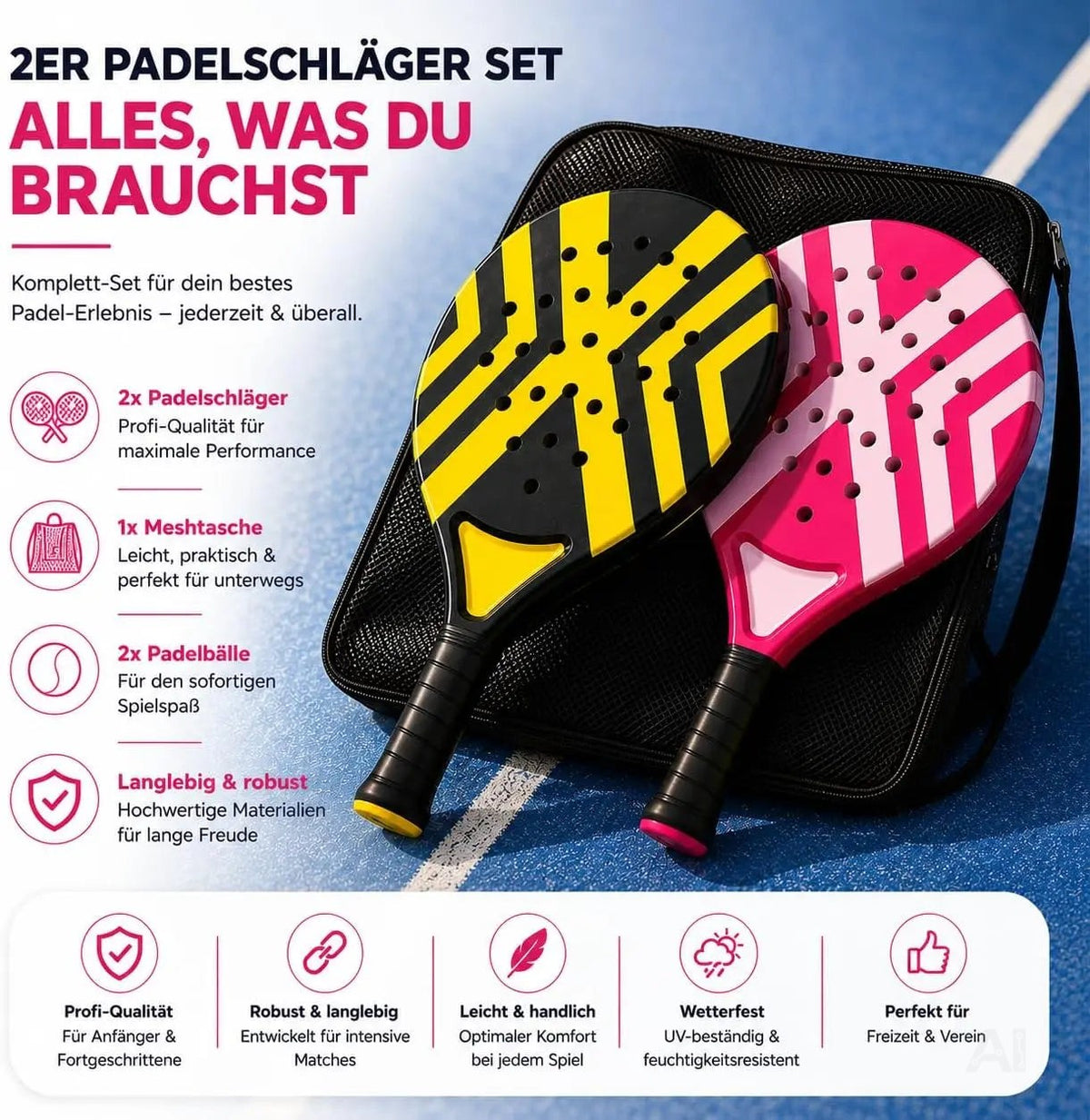 2er Padel Schläger Set Erwachsene – Profi Padelschläger mit Meshtasche – Padel Racket – Detailansicht 2