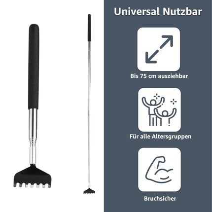 2er Rückenkratzer - stabil & ausziebhar - Teleskopstab mit breiter Kratzhand gegen Juckreiz