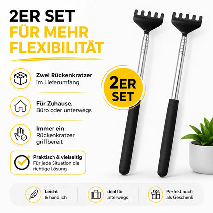 2er Rückenkratzer - stabil & ausziebhar - Teleskopstab mit breiter Kratzhand gegen Juckreiz