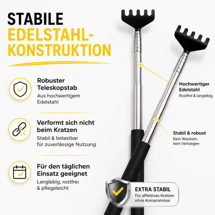2er Rückenkratzer - stabil & ausziebhar - Teleskopstab mit breiter Kratzhand gegen Juckreiz