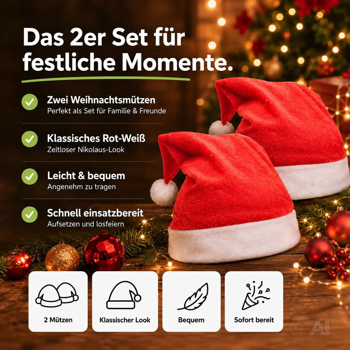 2er Samt Nikolausmütze Weihnachtsmütze Mütze Weihnachten Nikolaus rot – Detailansicht 3