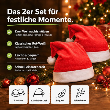 2er Samt Nikolausmütze Weihnachtsmütze Mütze Weihnachten Nikolaus rot