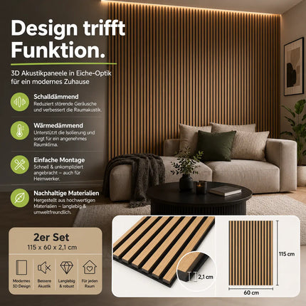 2er Set Akustikpaneele 3D – 115 x 60 x 2,1 cm Wandpaneele zur Schalldämmung – Moderne Holzoptik für stilvolle Wandverkleidung & bessere Raumakustik (10er Set Eiche)