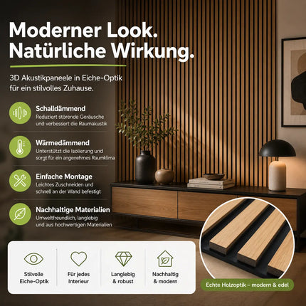 2er Set Akustikpaneele 3D – 115 x 60 x 2,1 cm Wandpaneele zur Schalldämmung – Moderne Holzoptik für stilvolle Wandverkleidung & bessere Raumakustik (10er Set Eiche)