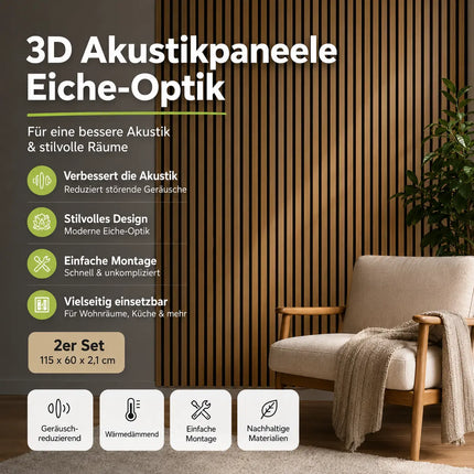 2er Set Akustikpaneele 3D – 115 x 60 x 2,1 cm Wandpaneele zur Schalldämmung – Moderne Holzoptik für stilvolle Wandverkleidung & bessere Raumakustik (2er Set Eiche)