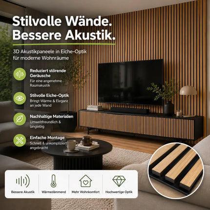 2er Set Akustikpaneele 3D – 115 x 60 x 2,1 cm Wandpaneele zur Schalldämmung – Moderne Holzoptik für stilvolle Wandverkleidung & bessere Raumakustik (2er Set Eiche)