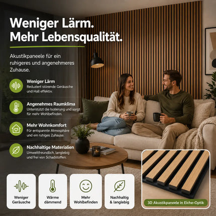 2er Set Akustikpaneele 3D – 115 x 60 x 2,1 cm Wandpaneele zur Schalldämmung – Moderne Holzoptik für stilvolle Wandverkleidung & bessere Raumakustik (2er Set Eiche)