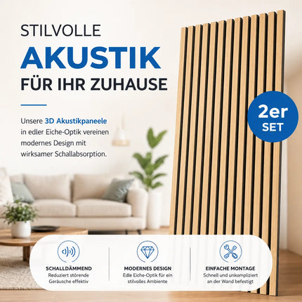 2er Set Akustikpaneele 3D – Schalldämmende Wandpaneele 115 x 60 x 2,1 cm – Holzoptik Wandverkleidung für Wohnraum & Büro (2er Set Eiche)