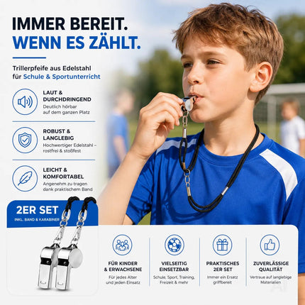 2er Set Trillerpfeife aus Edelstahl mit Band - Pfeife für Schiedsrichter & Beamte - Metallpfeife – Detailansicht 2