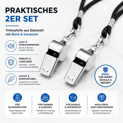 2er Set Trillerpfeife aus Edelstahl mit Band - Pfeife für Schiedsrichter & Beamte - Metallpfeife – Detailansicht 3