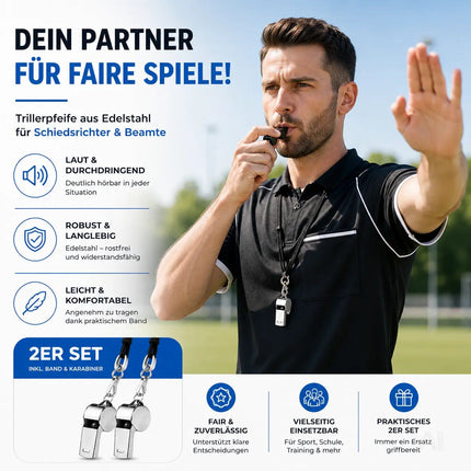 2er Set Trillerpfeife aus Edelstahl mit Band - Pfeife für Schiedsrichter & Beamte - Metallpfeife – Detailansicht 4