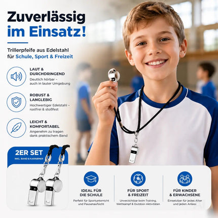 2er Set Trillerpfeife aus Edelstahl mit Band - Pfeife für Schiedsrichter & Beamte - Metallpfeife – Detailansicht 6