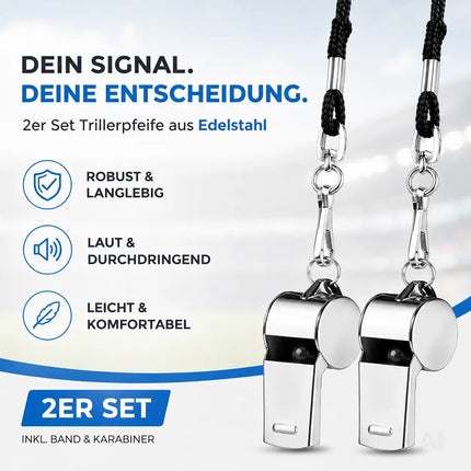 2er Set Trillerpfeife aus Edelstahl mit Band - Pfeife für Schiedsrichter & Beamte - Metallpfeife – Detailansicht 7
