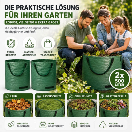 2x 500 Liter Gartenabfallsack groß & reißfest – 150 GSM Laubsack aus Polypropylen – Gartensack für Laub, Rasenschnitt & Grünschnitt (2x 500 Liter)