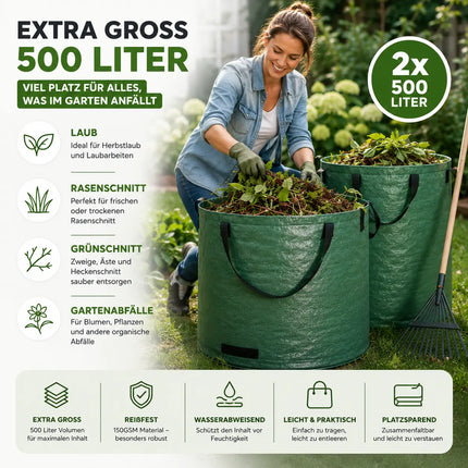 2x 500 Liter Gartenabfallsack groß & reißfest – 150 GSM Laubsack aus Polypropylen – Gartensack für Laub, Rasenschnitt & Grünschnitt (2x 500 Liter)