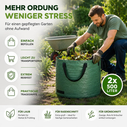 2x 500 Liter Gartenabfallsack groß & reißfest – 150 GSM Laubsack aus Polypropylen – Gartensack für Laub, Rasenschnitt & Grünschnitt (2x 500 Liter)