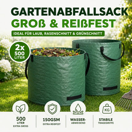 2x 500 Liter Gartenabfallsack groß & reißfest – 150 GSM Laubsack aus Polypropylen – Gartensack für Laub, Rasenschnitt & Grünschnitt (2x 500 Liter)