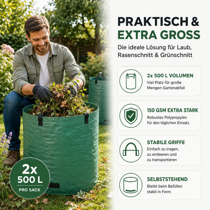 2x 500 Liter Gartenabfallsack groß & reißfest – 150 GSM Laubsack aus Polypropylen – Gartensack für Laub, Rasenschnitt & Grünschnitt (2x 500 Liter)
