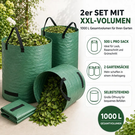 2x 500 Liter Gartenabfallsack groß & reißfest – 150 GSM Laubsack aus Polypropylen – Gartensack für Laub, Rasenschnitt & Grünschnitt (2x 500 Liter)