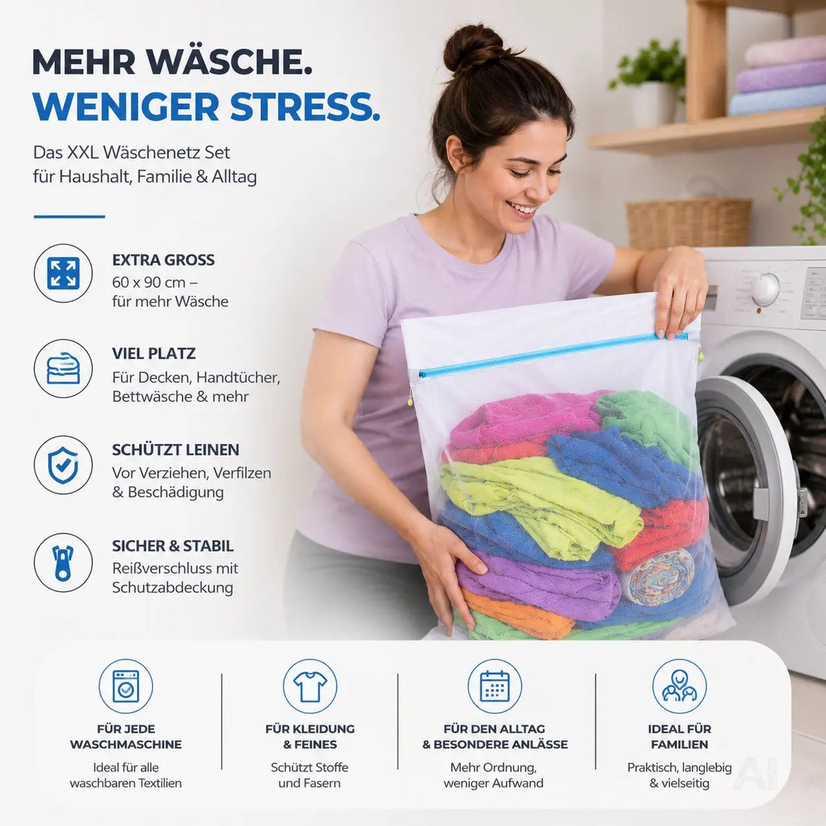 2x XXL Wäschenetz Premium 60x90 cm Set Groß - Netz für Waschmaschine - Wäschesack – Detailansicht 2