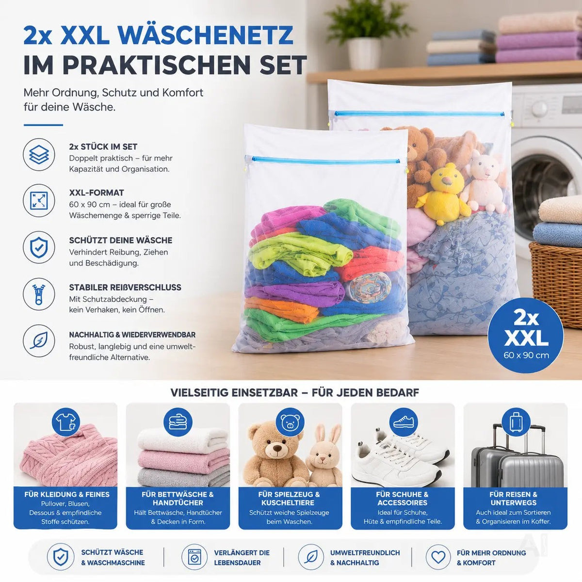 2x XXL Wäschenetz Premium 60x90 cm Set Groß - Netz für Waschmaschine - Wäschesack – Detailansicht 6