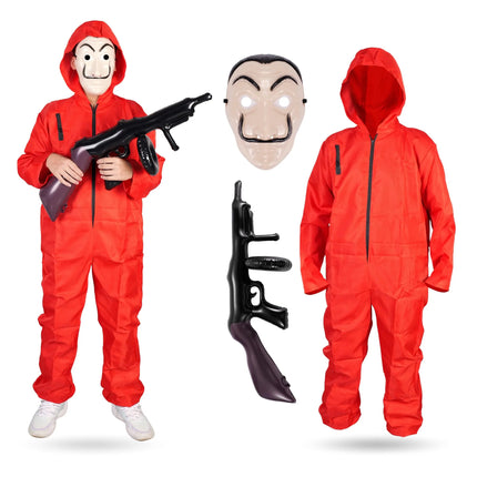 3 Teilig Haus des Geldes Kostüm Set - mit Dali Maske, aufblasbares Gewehr, Einheitsgröße Overall rot - für Erwachsene Unisex für Fasching & Halloween