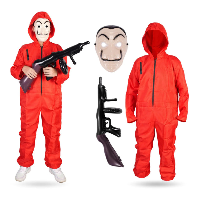 3 Teilig Haus des Geldes Kostüm Set - mit Dali Maske, aufblasbares Gewehr, Einheitsgröße Overall rot - für Erwachsene Unisex für Fasching & Halloween