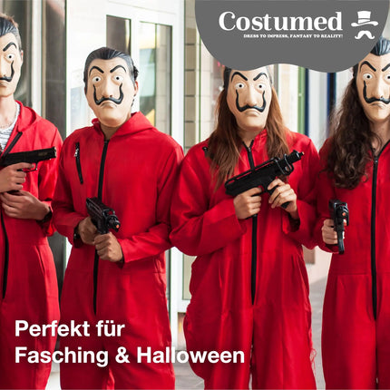3 Teilig Haus des Geldes Kostüm Set - mit Dali Maske, aufblasbares Gewehr, Einheitsgröße Overall rot - für Erwachsene Unisex für Fasching & Halloween