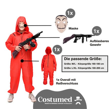 3 Teilig Haus des Geldes Kostüm Set - mit Dali Maske, aufblasbares Gewehr, Einheitsgröße Overall rot - für Erwachsene Unisex für Fasching & Halloween