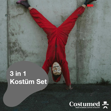 3 Teilig Haus des Geldes Kostüm Set - mit Dali Maske, aufblasbares Gewehr, Einheitsgröße Overall rot - für Erwachsene Unisex für Fasching & Halloween
