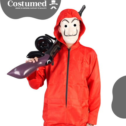 3 Teilig Haus des Geldes Kostüm Set - mit Dali Maske, aufblasbares Gewehr, Einheitsgröße Overall rot - für Erwachsene Unisex für Fasching & Halloween