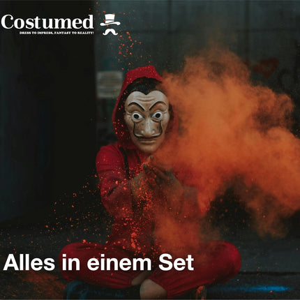 3 Teilig Haus des Geldes Kostüm Set - mit Dali Maske, aufblasbares Gewehr, Einheitsgröße Overall rot - für Erwachsene Unisex für Fasching & Halloween