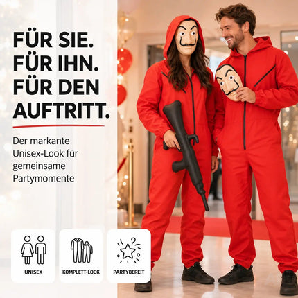 3 Teilig Haus des Geldes Kostüm Set - mit Dali Maske, aufblasbares Gewehr, Einheitsgröße Overall rot - für Erwachsene Unisex für Fasching & Halloween