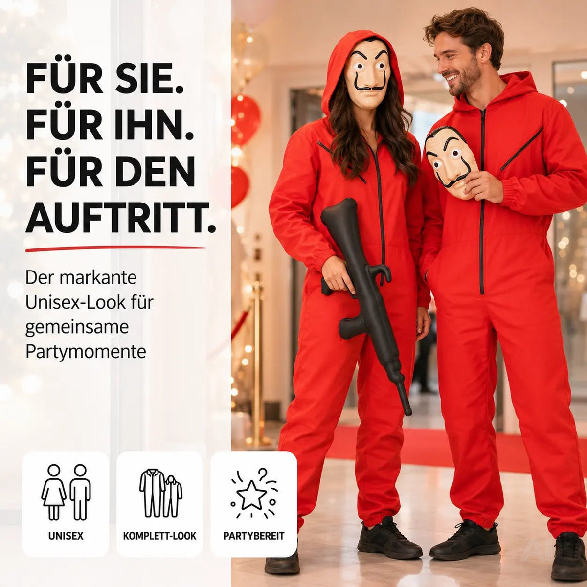 3 Teilig Haus des Geldes Kostüm Set - mit Dali Maske, aufblasbares Gewehr, Einheitsgröße Overall – Detailansicht 2