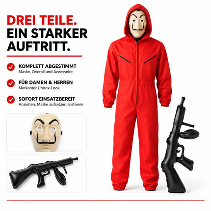 3 Teilig Haus des Geldes Kostüm Set - mit Dali Maske, aufblasbares Gewehr, Einheitsgröße Overall rot - für Erwachsene Unisex für Fasching & Halloween