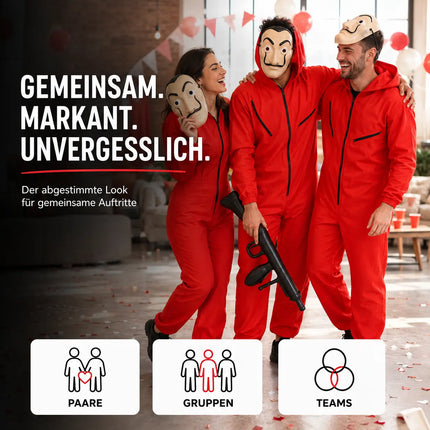3 Teilig Haus des Geldes Kostüm Set - mit Dali Maske, aufblasbares Gewehr, Einheitsgröße Overall rot - für Erwachsene Unisex für Fasching & Halloween