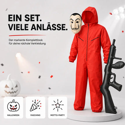 3 Teilig Haus des Geldes Kostüm Set - mit Dali Maske, aufblasbares Gewehr, Einheitsgröße Overall rot - für Erwachsene Unisex für Fasching & Halloween