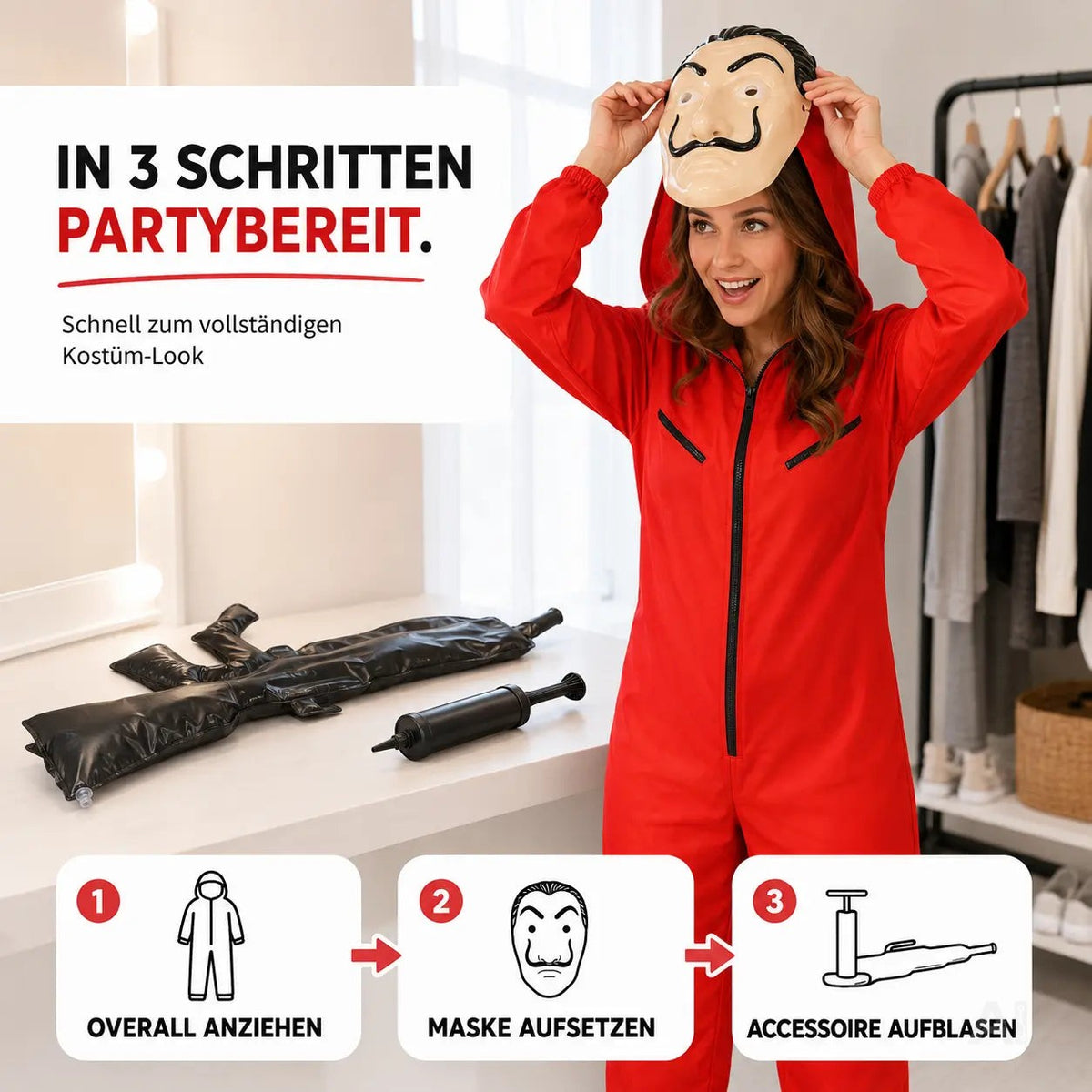 3 Teilig Haus des Geldes Kostüm Set - mit Dali Maske, aufblasbares Gewehr, Einheitsgröße Overall – Detailansicht 6