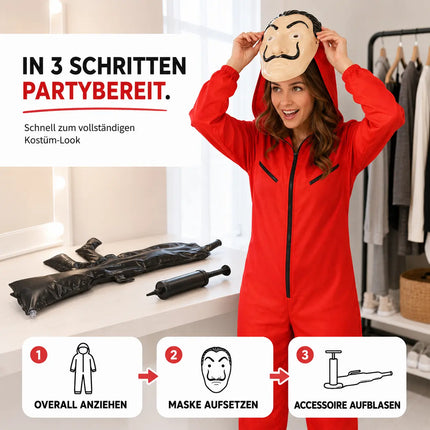 3 Teilig Haus des Geldes Kostüm Set - mit Dali Maske, aufblasbares Gewehr, Einheitsgröße Overall rot - für Erwachsene Unisex für Fasching & Halloween
