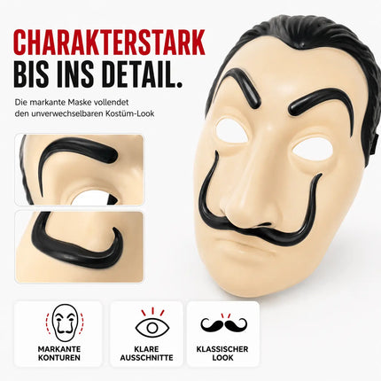 3 Teilig Haus des Geldes Kostüm Set - mit Dali Maske, aufblasbares Gewehr, Einheitsgröße Overall rot - für Erwachsene Unisex für Fasching & Halloween
