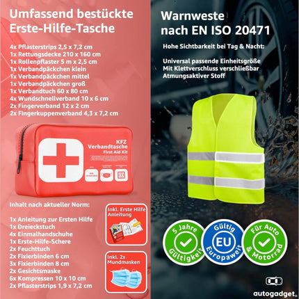 3 in 1 - Auto Erste Hilfe Set 2025 - Verbandstasche & Warnweste Pannenweste