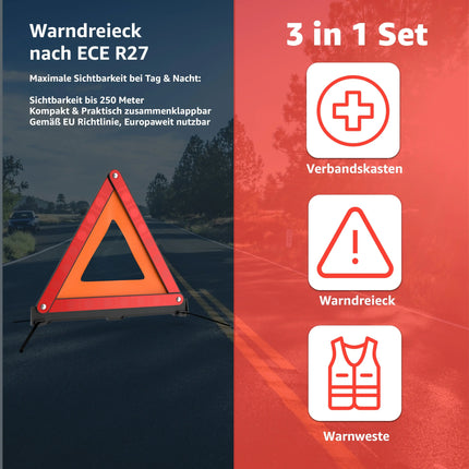 3 in 1 - Auto Erste Hilfe Set 2025 - Verbandstasche & Warnweste Pannenweste