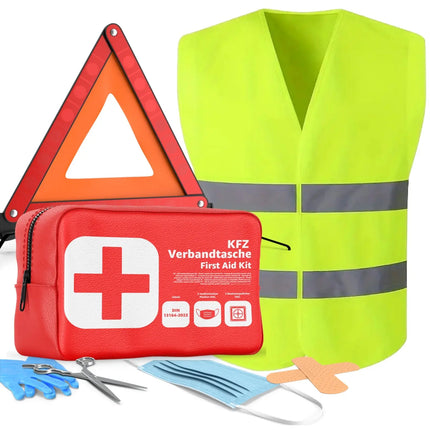 3 in 1 KFZ Pannenset 2026 & Autozubehör - Auto Erste Hilfe Set mit Verbandskasten & Warnweste für StVO