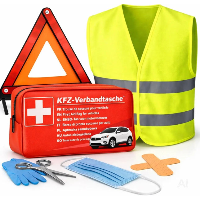 3 in 1 KFZ Pannenset 2026 & Autozubehör - Auto Erste Hilfe Set mit Verbandskasten & Warnweste für StVO