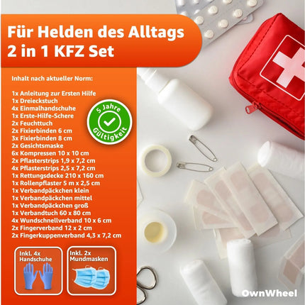 3 in 1 KFZ Pannenset 2026 & Autozubehör - Auto Erste Hilfe Set mit Verbandskasten & Warnweste für StVO